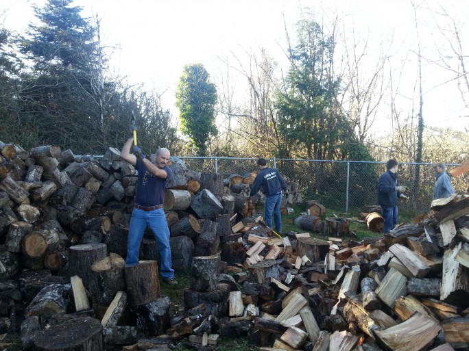 Chopping fire wood at Salvation Army