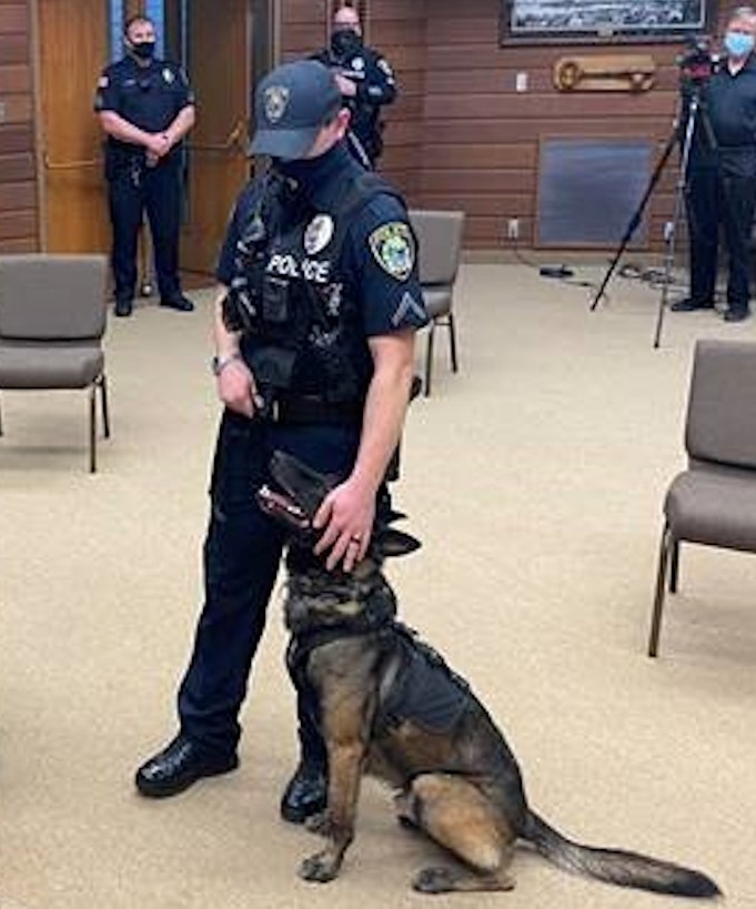 K9 Mika and partner Officer Waddington introduced at City Council meeting